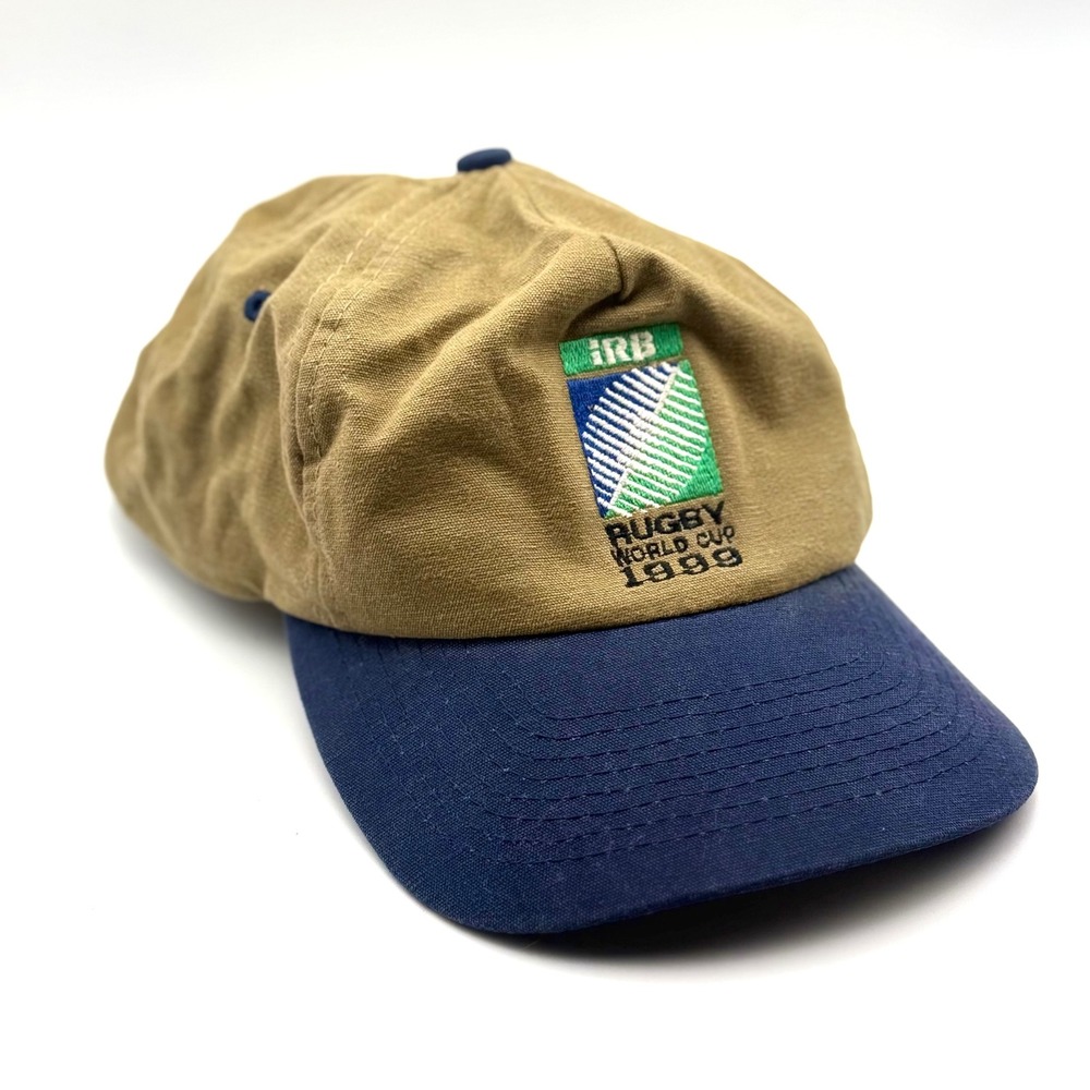 Vintage 1999 Rugby World Cup IRB Hat Tan Navy Blue Snapback Cap One Size